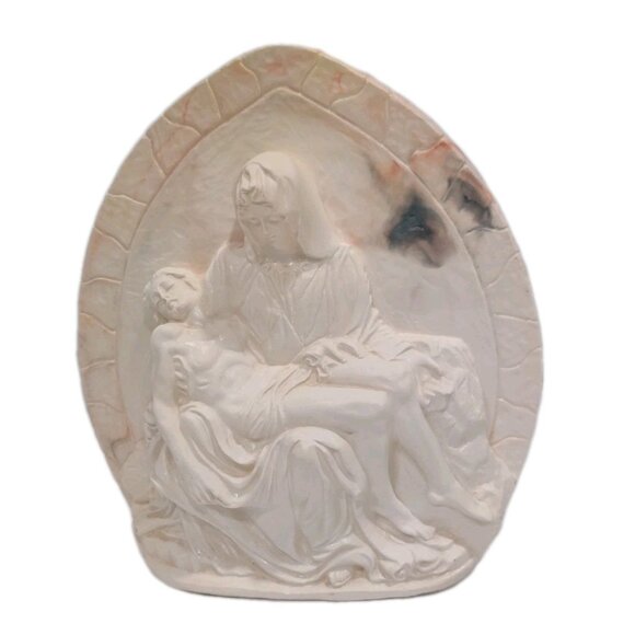 OOAK Mother Mary And Jesus Ceramic Plaque MCM 3D Marble-Like Pieta Figure 8x7" - Picture 3 of 16